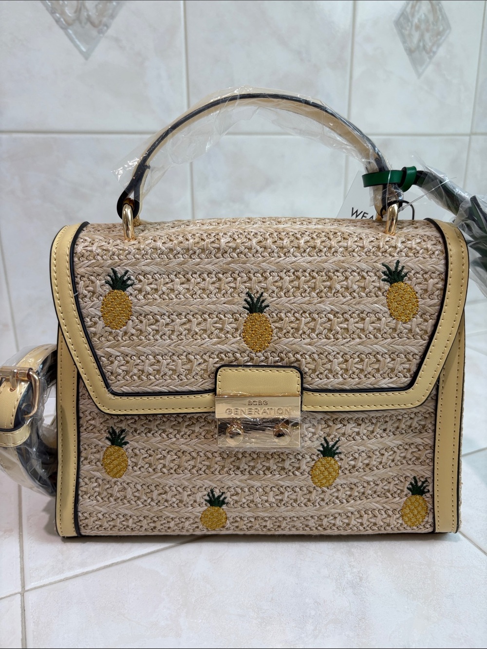BCBG Generation Pineapple Straw Top-Handle Bag in Yellow with Crossbody Strap - Picture 2 of 11